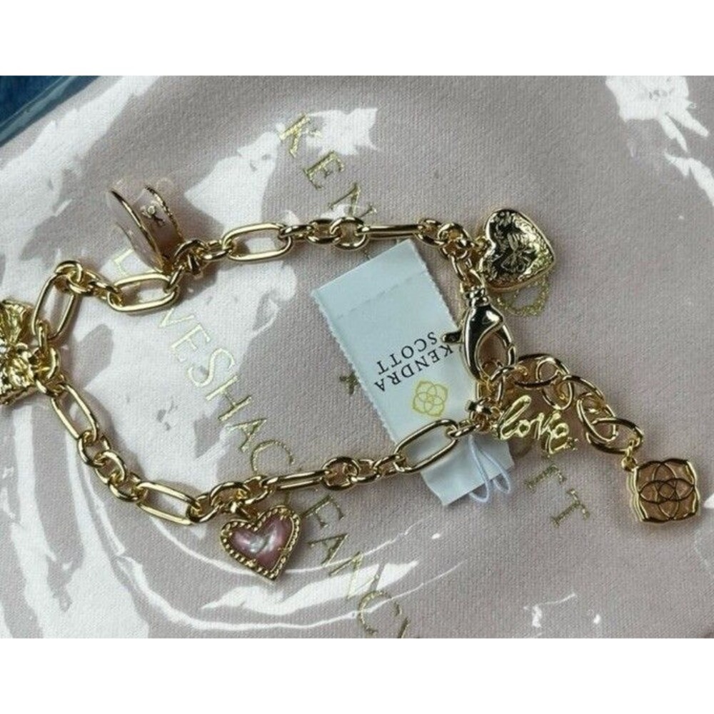 Loveshackfancy X Kendra Scott Gold Charm Bracelet Bow Teacup Heart NWT dustbag - Picture 2 of 2